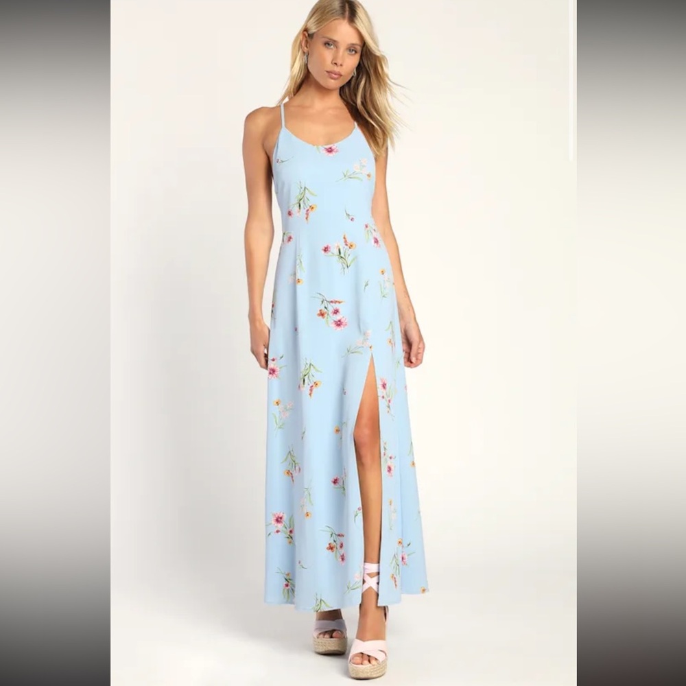 Lulus Blooming Vision Light Blue Floral Print Maxi Dress - Size M